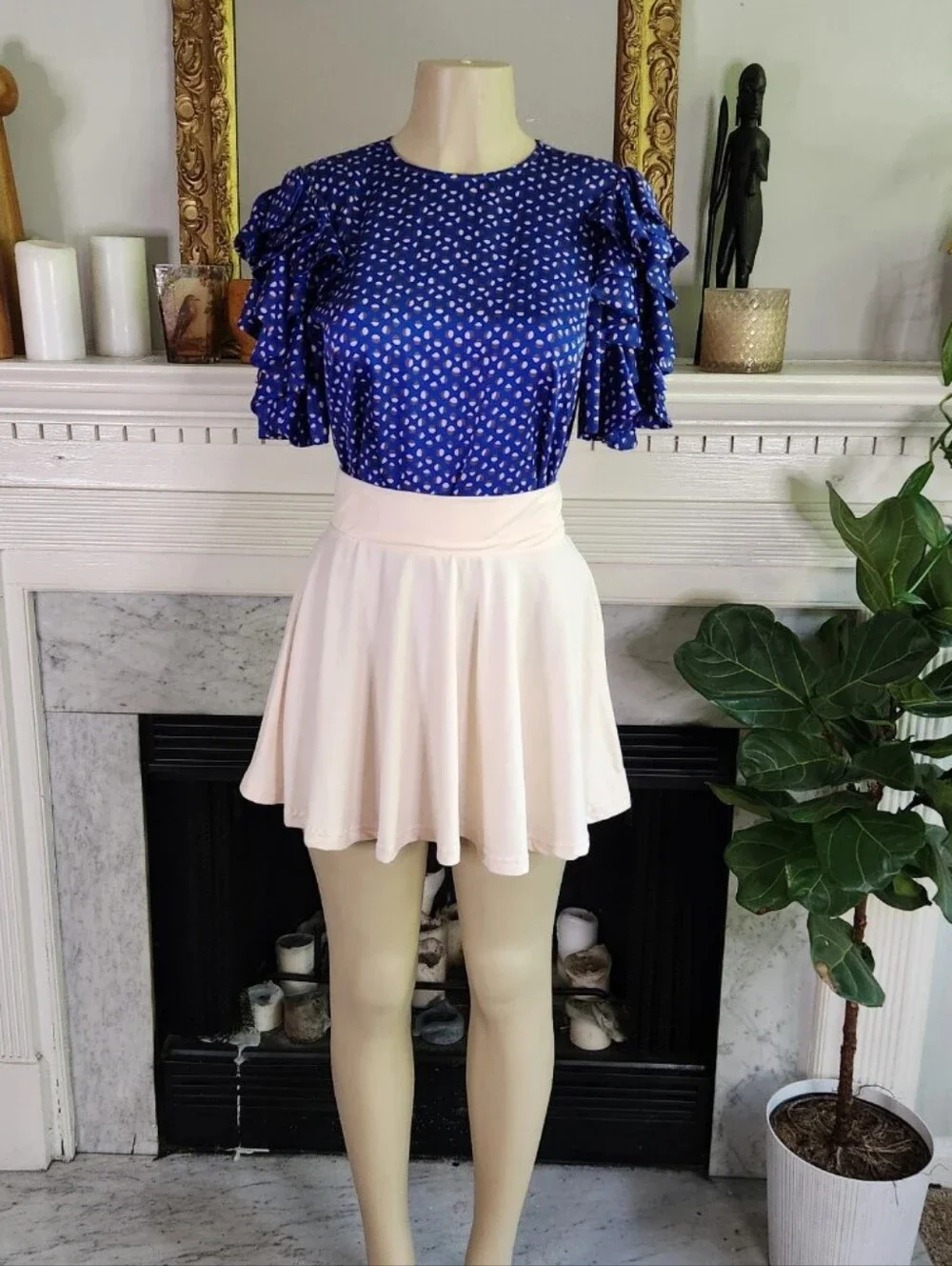 Kate Spade Blue Blouse Geo Dot Ruffle Sleeve  Corpcore Office Size XS Romantic